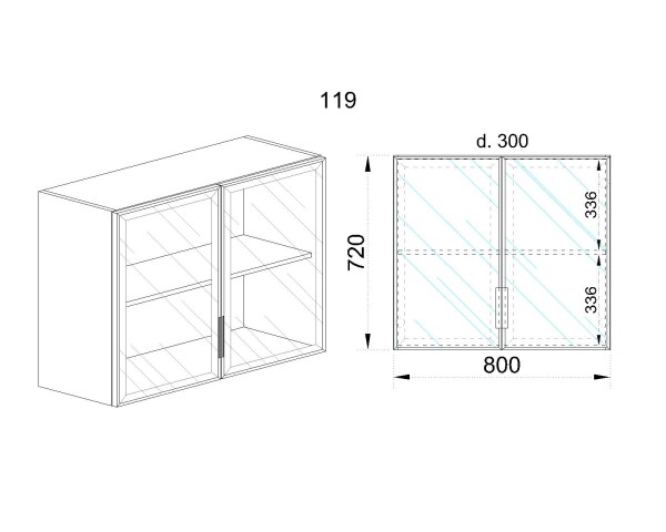 Горен модул с две стъклени врати и рафт Алу глас и рафт БАЛ - 119