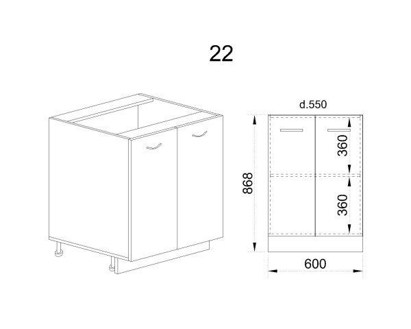Долен модул за вграждане на мивка с две врати и рафт АРФ-Крийм гланц-06-22