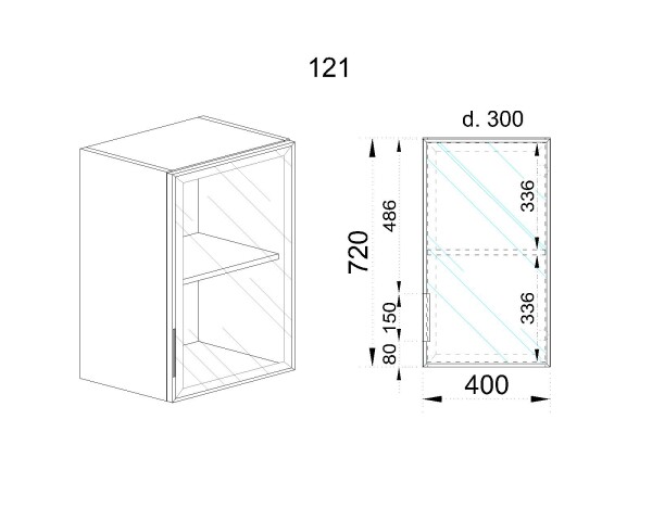 Горен модул със стъклена врата Алу глас и рафт АРАЛ - 121 (десен)