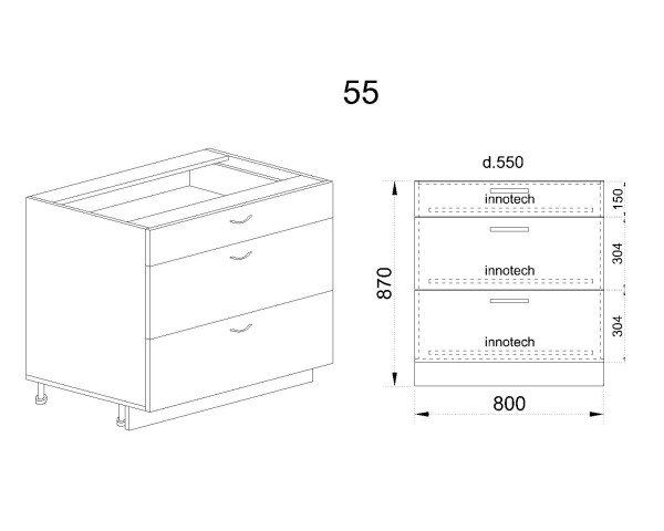 Долен модул с три чекмеджета с плавно затваряне БФ-Антрацит гланц-05-55