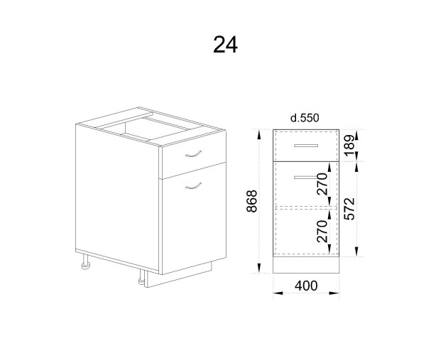 Долен модул с чекмедже,врата и рафт БФ-Дъб натурал-06-24 (десен)