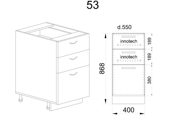 Долен модул с две чекмеджета и врата с плавно затваряне БФ-Дъб натурал-06-53 (десен)