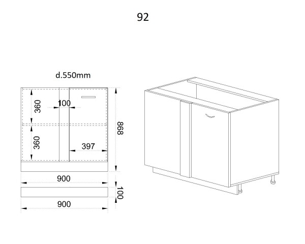 Долен модул за ъгъл с врата и рафт АРФ-Бяло фладер-04-92 (ляв)