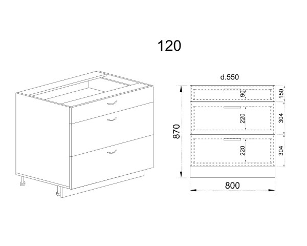 Долен модул с три чекмеджета с плавно затваряне АРФ-Сонома-02-120