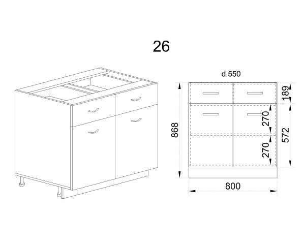 Долен модул с 2 чекмеджета,2 врати и рафт МФ-Бяло мат-09-26