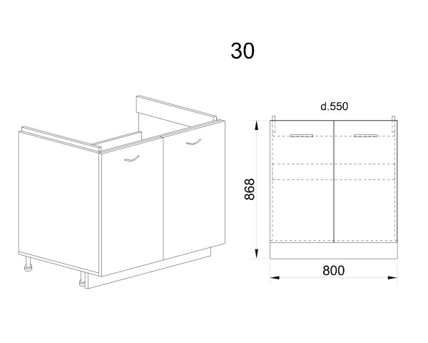 Долен модул за бордова мивка с две врати АРФ-Деним мат-06-30