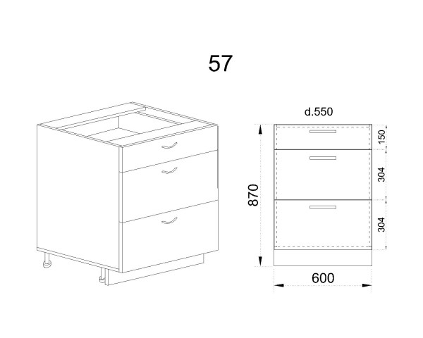 Долен модул с три чекмеджета БФ-Цимент мат-06-57