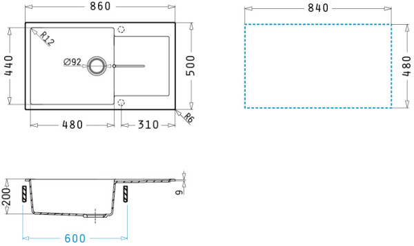 Мивка от гранит Ithaka (86×50) 1B 1D PLUS Сняг